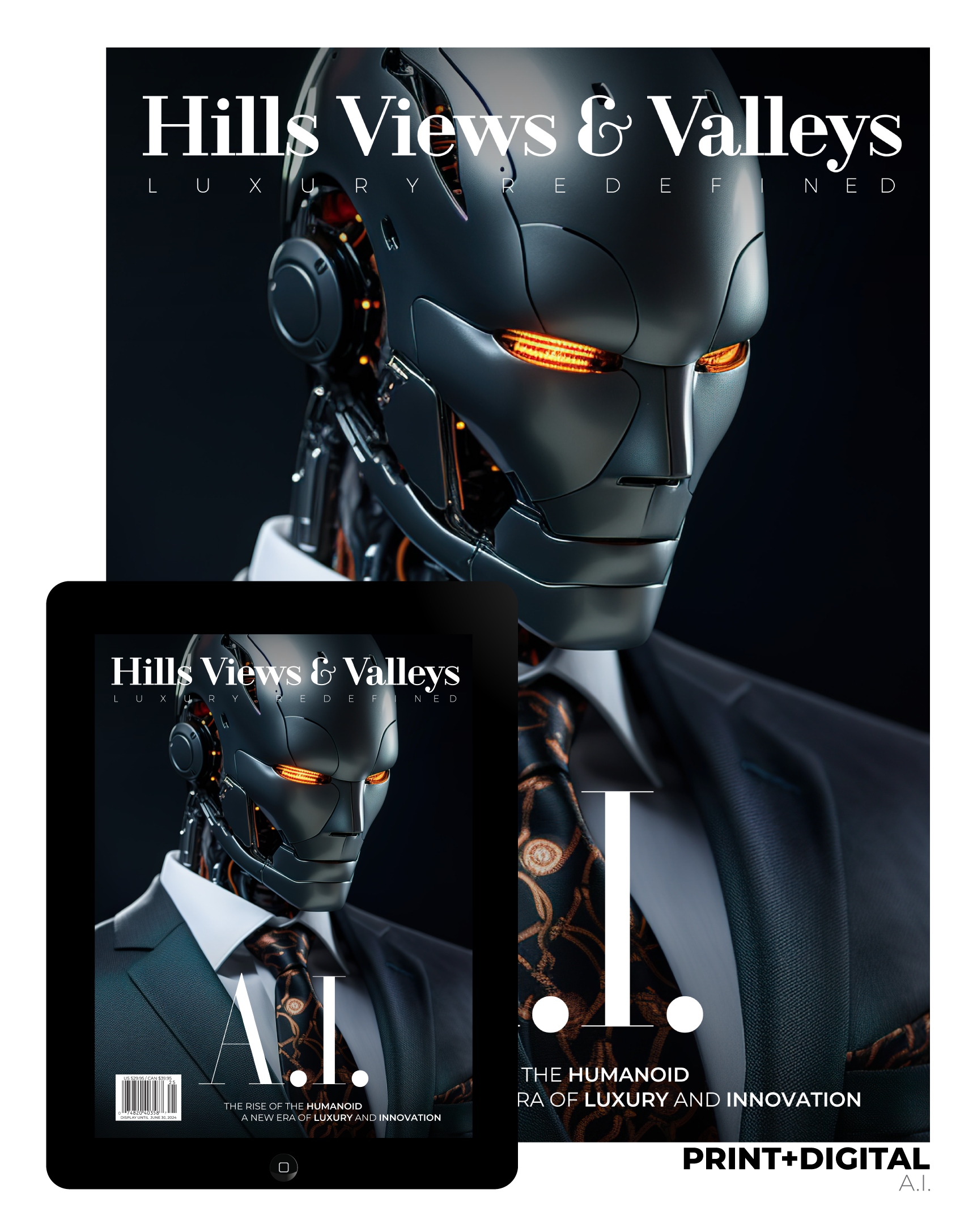 Close-up of a futuristic metallic humanoid robot in a suit on a luxury magazine cover.